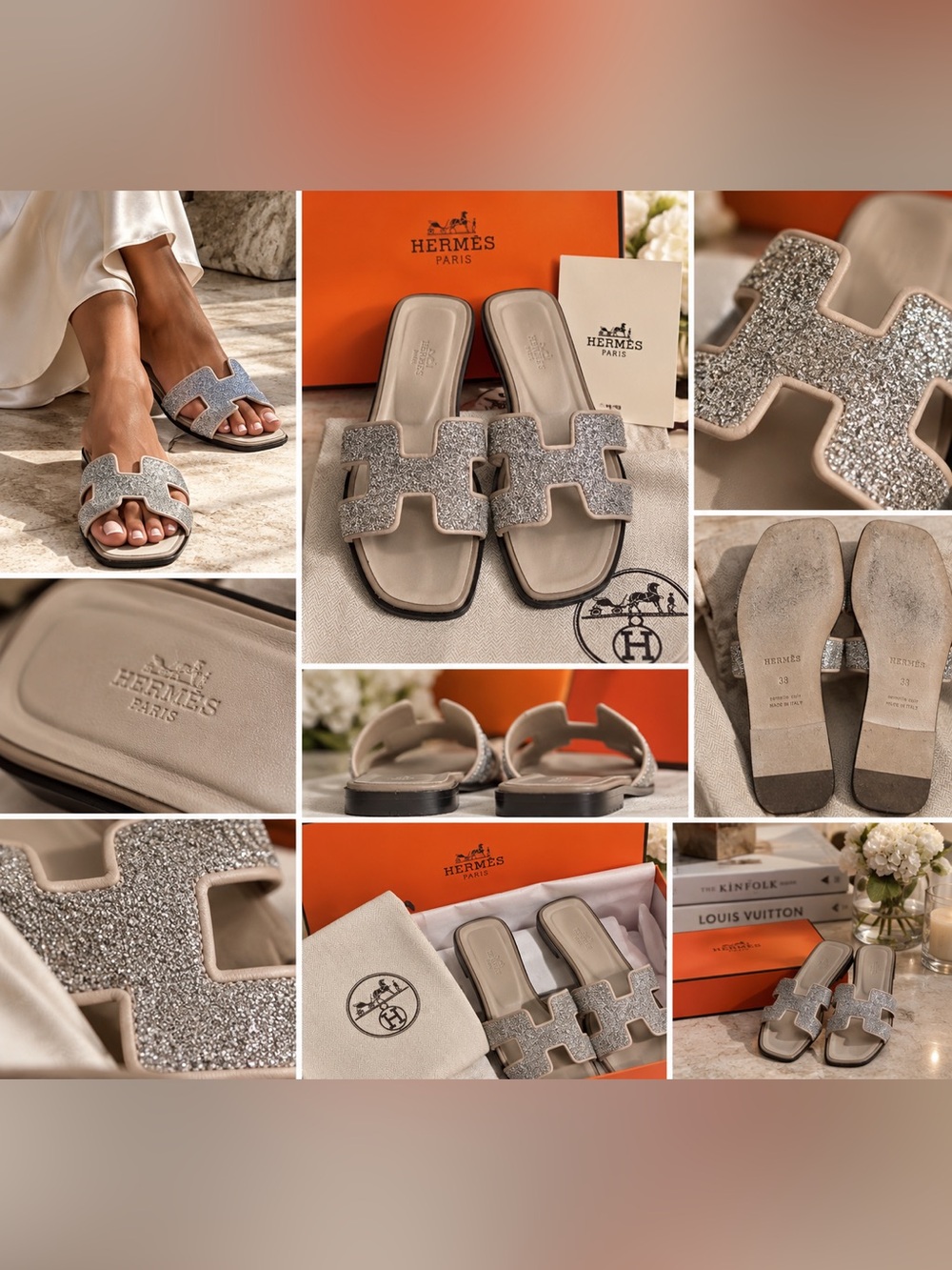 Hermes Oran crystal powder Sandals with Iconic H Design